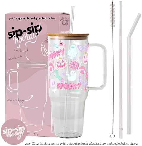 Sip-Sip Hooray! Pastel Pink Halloween 40oz Glass Tumbler with Lid and Straw - Image 4