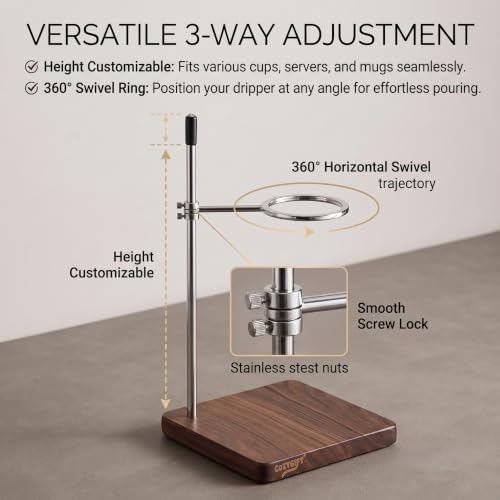 Pour Over Coffee Maker Stand with American Black Walnut Base, Stainless Steel Adjustable Dripper Holder, Wooden Brewing Station, Cone Brewer Rack, Barista Accessories & Kitchen Coffee Décor - Image 4