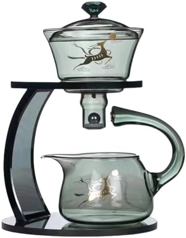 Glass Teapot Set Semi Automatic Drip Rotating with Infuser Chinese Heat-Resistant Lazy Kungfu Tea Set (Grey Deer) by FIREKIRIN