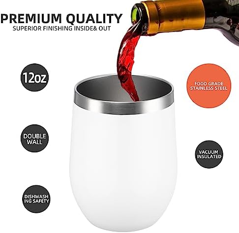 12 oz Insulated Wine Tumbler with Lid and Straw,Stainless Steel Stemless Wine Tumbler Glasses Double Wall Vacuum Wine Cups Tumbler Bulk for Coffee,Champaign,Cocktail (White,8) - Image 2