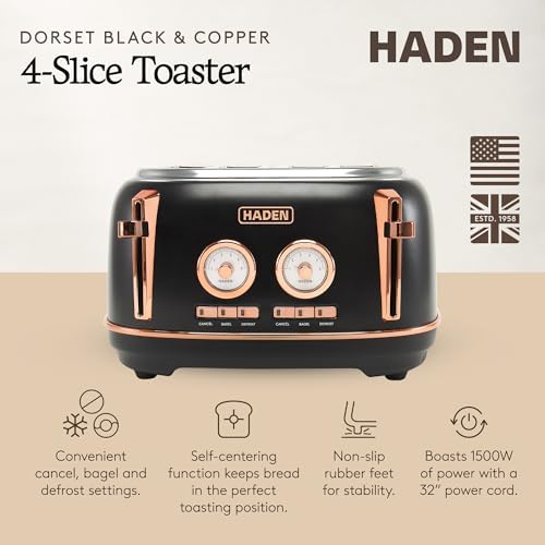 Haden Dorset 4 Slice Wide Slot Stainless Steel Toaster, Black & Copper - Image 2