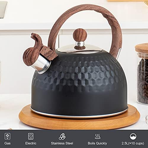 Whistling Stainless Steel Tea Kettle with Wood Grain Anti Heat Handle, Cylindrical Wood Grain Stainless Steel Cover,2.6 Quart/2.5 Liter, Black - Image 2