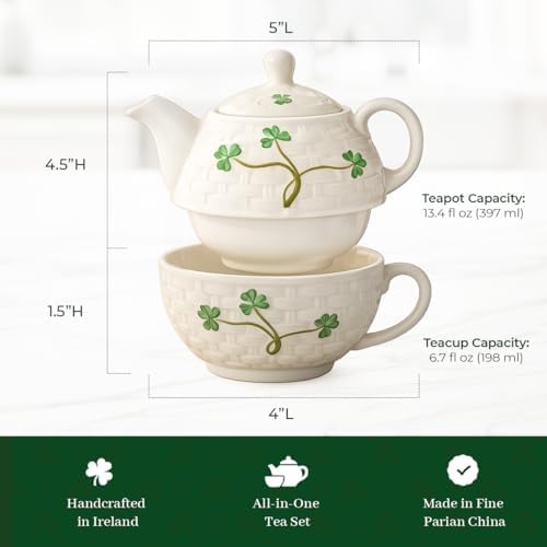 Belleek Classic Shamrock Tea for One Set, Handcrafted Teapot and Cup, Parian China Ceramic Tea Set, Microwave Safe, White - Image 3