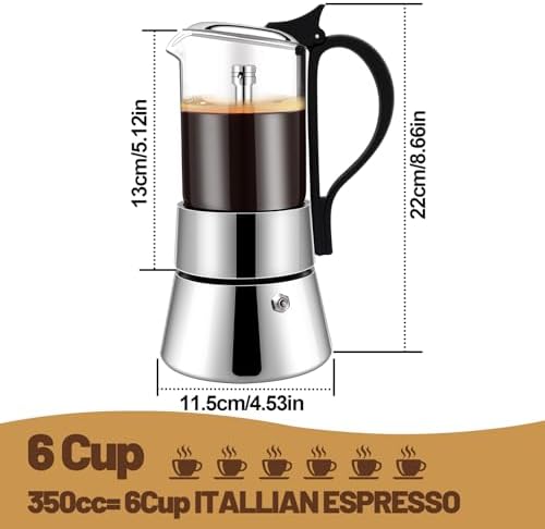 6 Cup Glass Transparent Moka Pot Stainless Steel Uncoated Stovetop Espresso Maker Italian Coffee Makers Mocha Greca Machine Cafe Classic Induction Cookers for Home Camping 350ml - Image 2