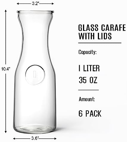 Set of 6 Glass Carafe with Lid, 1 Liter Beverage Serveware Carafe, Clear Glass Pitcher for Mimosa Bar, Brunch, Cold Water, Juice, Milk, Iced Tea, Lemonade - Image 2