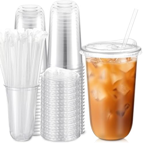 Ziliny 50 Pack 18 Oz Clear Plastic Cups with Lids and Straws, Iced Coffee by Ziliny