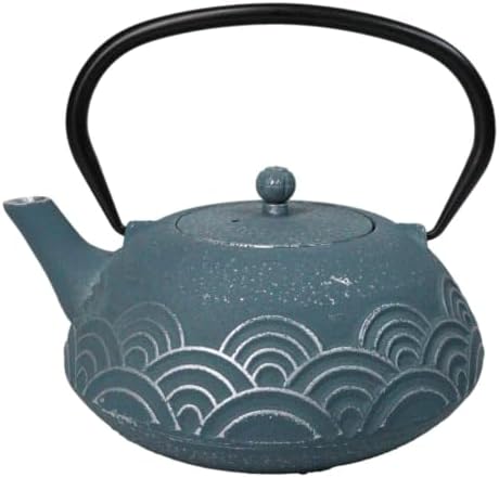 Ebros Gift Traditional Oriental Tetsubin Blue Seigaiha Waves Design 40oz Cast Iron Teapot With Enameled Interior And Strainer Asian Japanese Chinese Fusion Housewarming Tea Pot Accent by EbrosGift