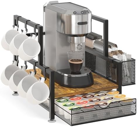 EsLuker.ly Coffee Bar Station Organizer with K Cup Drawer, 7 Mug Hooks by EsLukerly