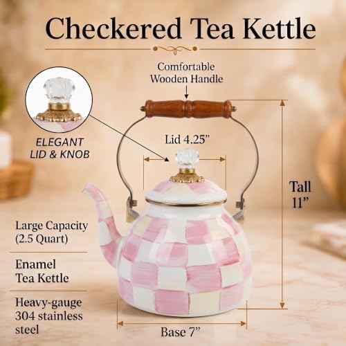 Checkered Tea Kettle for Checkered Kitchen Decor - Pink and White Tea Kettle for Stovetop - Stylish Enamel Teapot with Wooden Handle - Vintage Classic Teapot with Elegant Lid & Knob- 2.5 Quart - Image 3