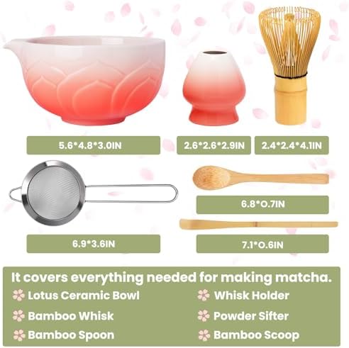 Matcha Whisk Set, Lotus Gradient Red Ceramic Matcha Set Includes Matcha Bowl, Matcha Whisk (Chasen) and Holder, Sifter, Bamboo Scoop & Spoon - 6 Pcs Matcha Kit for Matcha Lovers - Image 2