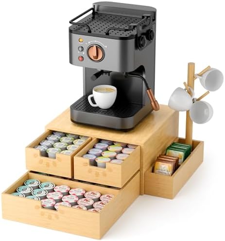 Coffee Pod Drawer, Wooden K Cup Holder with Tree Shape Mug Holder and Side Storage Box, 2-Tier K Pod Drawer Coffee Maker Machine Stand(80 Kcups+60 Tea Bags Capacity) by TeaBunch