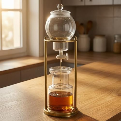 Cold Brew Coffee Maker Drip Pot Carafe Brewer Dripper With Glass Vessel and Gold Tone Metal Stand for Visible suitable for home office coffee kitchen counter - Image 7