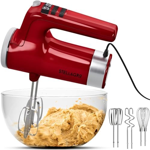 Electric Hand Mixer 350W, 9 Speed Handheld Mixer with Timer, Beaters, Whisks & Dough Hooks, Storage Case, Kitchen Mixer for Baking, Eggs, Cream, Cookie Dough & Frosting, Red by Stellagro