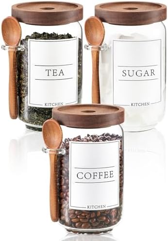 KOSKIMER Coffee and Sugar Container Set, Glass Coffee Jars with Wooden Lids by KSOKIMER