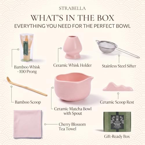7-Piece Matcha Whisk Set – Ceramic Matcha Bowl with Spout, Bamboo Whisk & Holder, Scoop, Sifter, Tea Towel – Japanese Tea Set & Matcha Starter Kit Gift Box (Pink) - Image 4