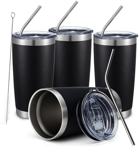 COMOOO 20oz Black Tumbler 4 Pack Stainless Steel Insulated Travel Mug with Lid and Straw Vacuum Double Wall Coffee Cup for Hot Beverage and Cold Drinks(Black, 4 Pack) by COMOOO