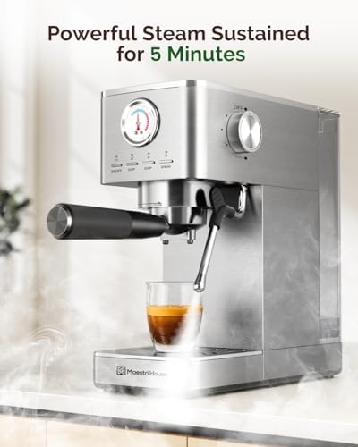 Maestri House Espresso Machines 20 Bar ULKA Pump, Compact Espresso Maker Built-in Flow Meter Steam Milk Frother, 43oz Removable Water Tank Stainless Steel Coffee Machine for Cappuccino (Sliver) - Image 3