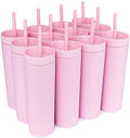 STRATA CUPS Pink Skinny Tumblers with Lids and Straws (12 pack) - 16oz Double Wall Acrylic Tumbler, Tall Matte Skinny Tumblers, Bulk with Free Straw Cleaner, Reusable Cups by STRATACUPS