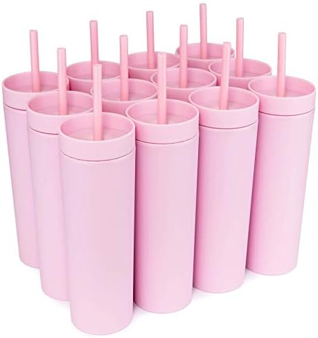STRATA CUPS Pink Skinny Tumblers with Lids and Straws (12 pack) - 16oz Double Wall Acrylic Tumbler, Tall Matte Skinny Tumblers, Bulk with Free Straw Cleaner, Reusable Cups by STRATACUPS