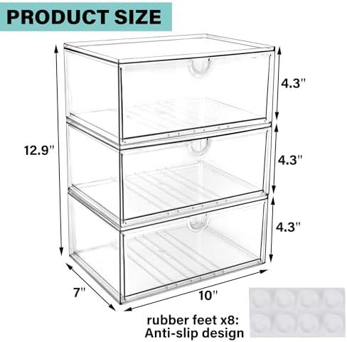 Prsildan Acrylic Makeup Organizer, 3 Pack Stackable Clear Storage Drawers for Baby Bottles Desk Organizers with 3 Drawers for Countertop Vanity Nursery Modular System for Cosmetics Jewelry - Image 3