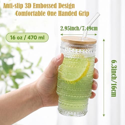 Glass Cups with Lids and Straws 16 oz Hobnail Drinking Glasses - Image 6