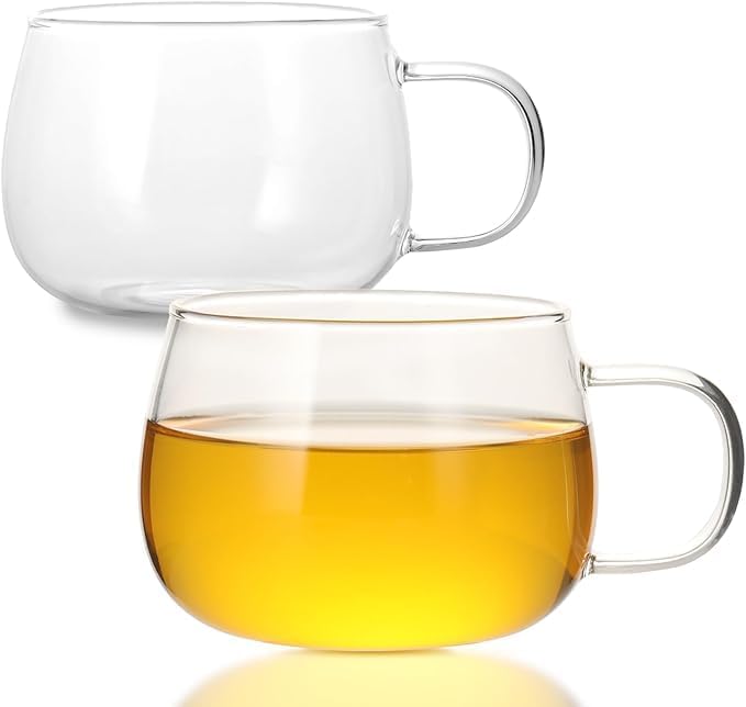 Glass Tea Cups Set of 2, 360ml | Clear Borosilicate Glass Teacups with Handle for Tea Lovers | Dishwasher & Microwave Safe Large Coffee Mugs for Espresso, Cappuccino, Latte & Juice by PrimeWorld