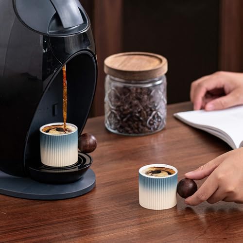 Ceramic Mini Espresso Cups Demitasse Cups with Round Wooden Handle Vertical Stripes Tea Cups (Beige&Blue, 4pcs) - Image 2