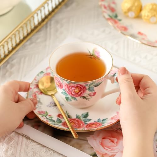 15 Piece British Bone China Tea Cup Sets, Elegant red Rose Pattern, Cups and Saucers Service for 4, with Teapot Sugar Bowl Cream Pitcher Teaspoons for Tea/Coffee, Gifts Set for Adults. - Image 3