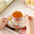 15 Piece British Bone China Tea Cup Sets, Elegant red Rose Pattern, Cups and Saucers Service for 4, with Teapot Sugar Bowl Cream Pitcher Teaspoons for Tea/Coffee, Gifts Set for Adults. - Image 3