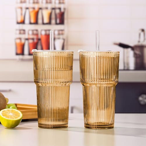 Amber Drinking Glasses，4PCS Amber Ribbed Glass Cups with Lids and Straws, 20oz Vintage Drinking Glasses, Aesthetic Iced Coffee Cups, Brown Yellow Glass Cup - Image 6