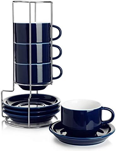 Sweese 8 Ounce Porcelain Stackable Cappuccino Cups with Saucers and Metal Stand - for Specialty Coffee Drinks, Cappuccino, Latte, Americano and Tea - Set of 4, Navy by Sweese