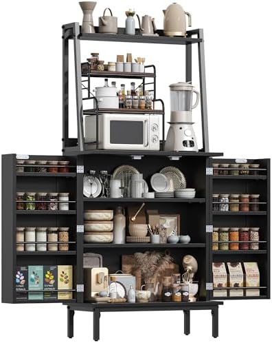 kepptory 51" Kitchen Baker's Rack with Storage, Microwave & Toaster Oven Stand, Freestanding Coffee Bar Station with Wine Glass Holder & Side Storage Shelves, Black - Image 7