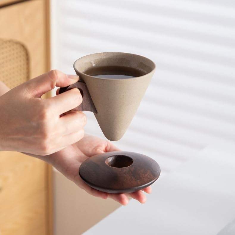 Farm Vintage Funnel Coffee Cups Set 7 Oz Ceramic Latte Mug With Saucer,Khaki Espresso Cups, Cappuccino Cups,Tea Cup with Wooden Saucer and Handle Set CM07 - Image 2