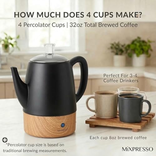 Mixpresso 4 Cup Black Small Electric Percolator Coffee Pot, Stainless Steel - Image 6