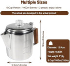 6 Cup Percolator 304 Stainless Steel Coffee Pot Coffee Maker Coffee Machine with Solid Wood Handle Transparent Knob Stovetop Greca Mocha for Induction Home and Camping 1000ml 33.8oz - Image 2