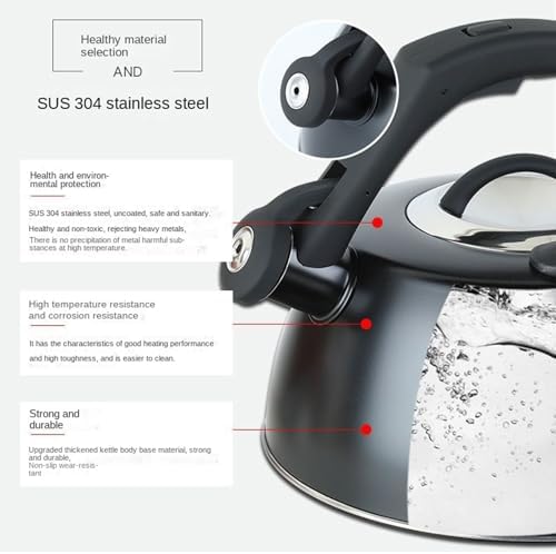 Stainless Steel Tea Kettle with Thermometer, Whistling Teakettle for Stove Top, Fast Heating Hot Water Boiler Heater Teakettle(Black-3.5L) - Image 2