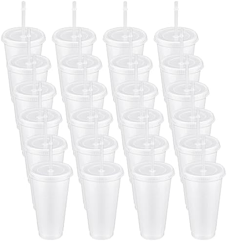 Roshtia 24 Pack Clear Plastic Tumblers with Lid and Straw, 24 Oz by Roshtia