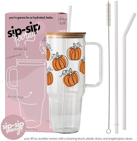 Sip-Sip Hooray! Pumpkin Patch 40oz Glass Tumbler with Lid and Straw - Image 2