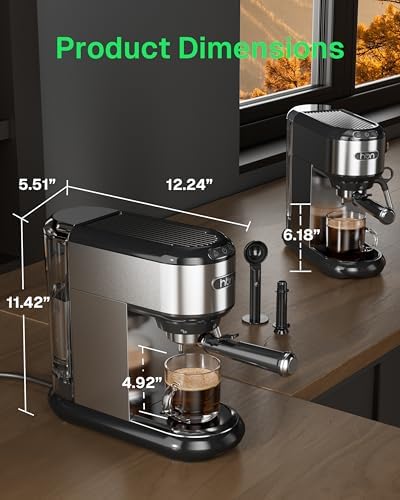 HBN 20 Bar Espresso Machine with Milk Frother, Compact Espresso Maker for Ground Coffee, Stainless Steel Coffee Machine with Steam Wand & 34oz Removable Water Tank, 1450W for Home & Office - Image 3