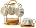 LUKA 7.77 oz Ceramic Cappuccino Cups with Bamboo Saucers and Metal Stand, Set of 4 Large Elegant Porcelain Coffee Cup for Latte, Cafe Mocha, Tea, Espresso, Dishwasher Safe, Stripe White by LUKA
