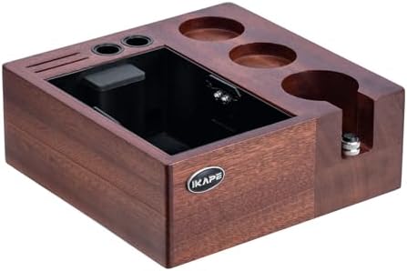 IKAPE V2 Espresso Knock Box, Espresso Coffee Organizer Box Fit for Storage 51mm 53/54mm 58mm Espresso Tamper, Distributor, Portafilter & Puck Screen Accessories, Natural Walnut Station Base (8 IN One) by IKAPE