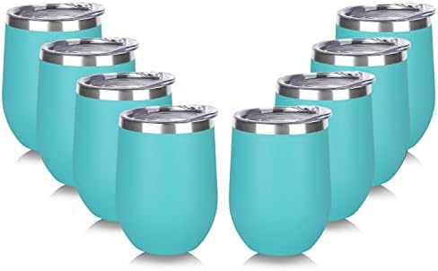 DOMICARE Stainless Steel Wine Tumbler Bulk with Lid, Personalized Insulated Tumblers Set, 12oz Travel Coffee Cups Pack of 8, Light Blue by VisittheDOMICARE