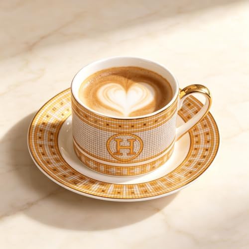 Gold Mosaic H Ceramic Coffee Cup & Saucer Set, 8 OZ Luxury European Bone China Latte Mug, Gold Rim Porcelain Tea Cup for Home Cafe, Wedding Housewarming Gift - Image 4