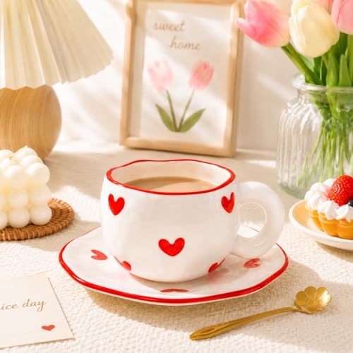 Ceramic Coffee Cup and Saucer Set, 10oz Cute Heart Pattern Tea Cup with Handle, Hand-Painted Porcelain Mug for Latte, Cappuccino, Espresso, Office & Home, Ideal Gift for Women - Image 2