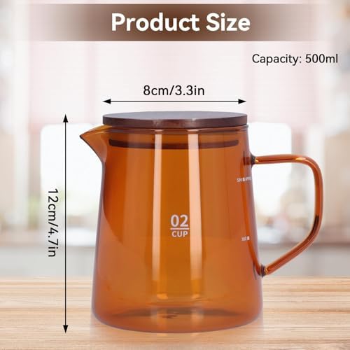 Small Glass Carafe, 16.9oz Glass Coffee Server Manual Pour over Coffee Beaker Tea Pot with Wooden Lid Clear Teakettle Borosilicate Glass Decanter (Brown) - Image 5