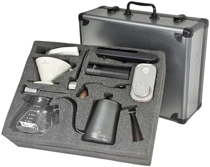 Pour Over Coffee Travel Kit – Aluminum Carry Case, Hand Grinder, Ceramic V02 Dripper, Gooseneck Kettle, Glass Server, USB Scale, Thermometer, Canister, Filters & Scoop – Camping & Gift by MAGOMAGA