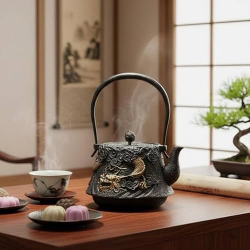 Cast Iron Teapot Dragon Relief Kettle, Traditional Japanese Tetsubin with Gilded Cloud and Dragon Relief, Featuring A Coiled Dragon Handle - Image 6