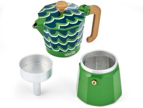 La Cafetière Venice 6 Cup Espresso Maker, 290ml Aluminium Stovetop Coffee Maker with Swirl Design, Gas and Electric Hob Moka Pot with Wooden Handle, Cyan Tides - Image 3