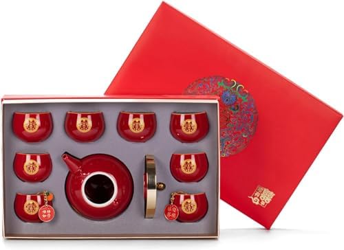 Wedding Tea Set, Chinese Traditional Red Porcelain Double Happiness KungFu Tea Set 1 Teapot 8 Teacups 1 Gift box for Ceremony Wedding Party Home Decor - Image 5