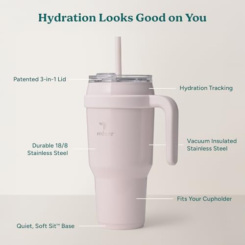REDUCE Cold1 40 oz Tumbler with Handle - Vacuum Insulated Stainless Steel Water Bottle for Home, Office or Car, Reusable Mug with Straw or Leakproof Flip Lid, Keeps Drinks Cold All Day- Gloss Cotton - Image 4